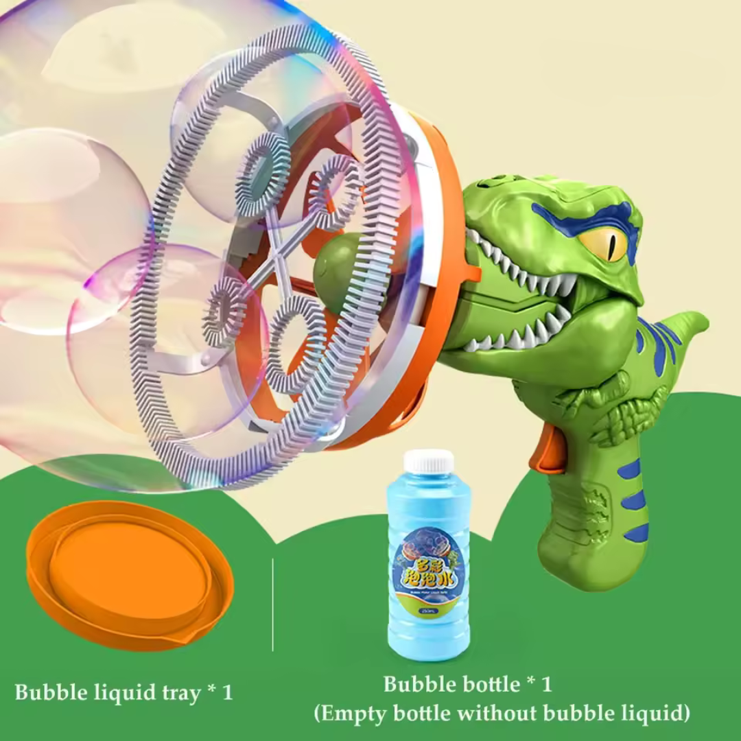 Dinosaur bubble gun with personalized bubbles