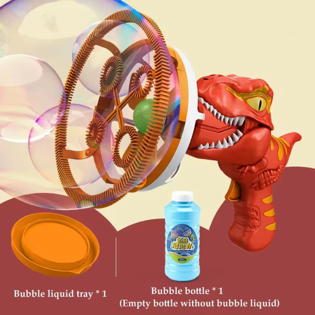 Dinosaur bubble gun with personalized bubbles