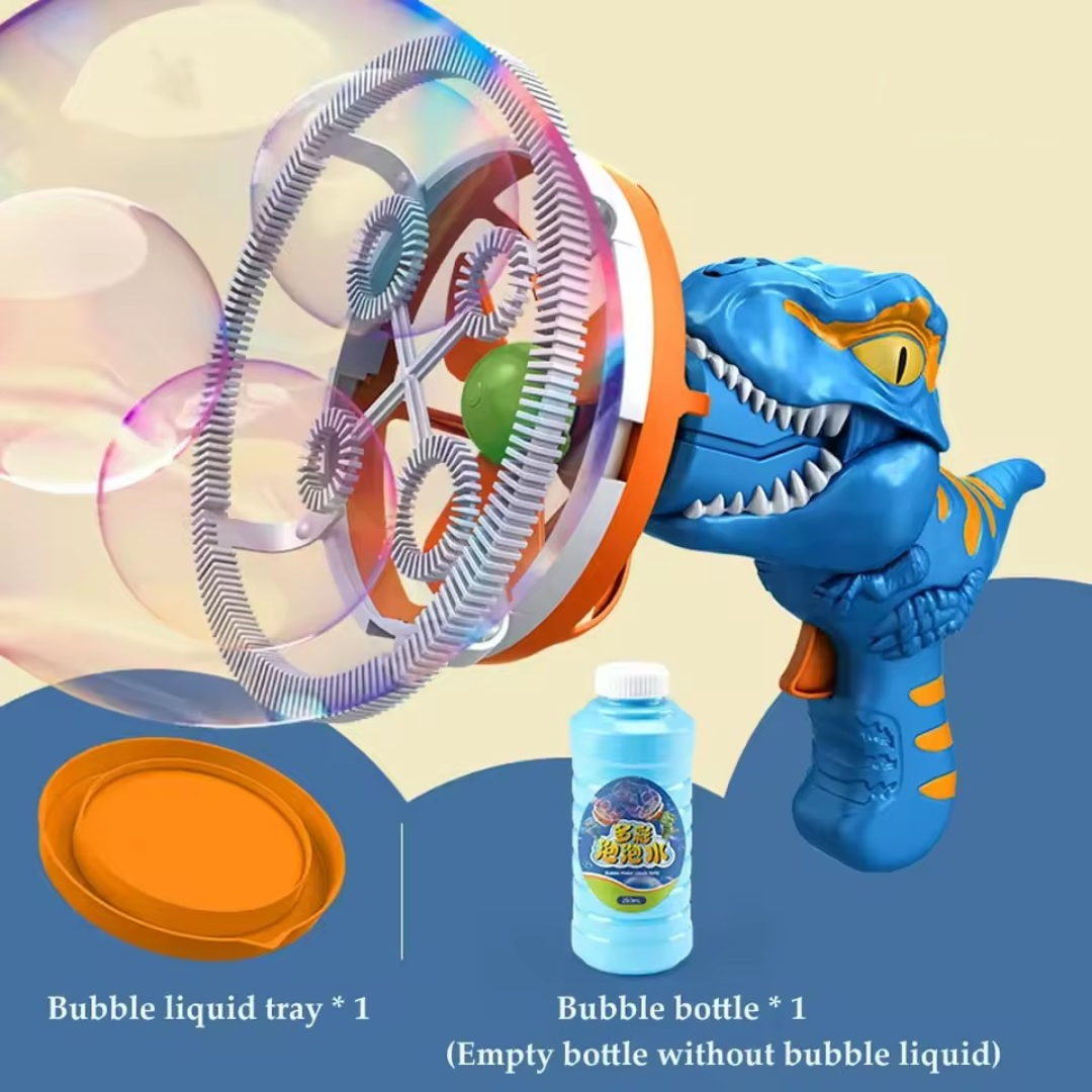Dinosaur bubble gun with personalized bubbles